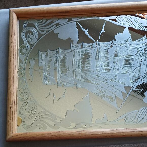 Vintage Etched Glass Framed Mirror Sailing Ship Mermaids MCM 19" H x 13" W - Picture 4 of 11